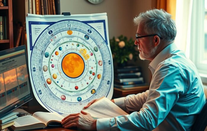 Astrologer analyzing a detailed birth chart during an astrology reading session