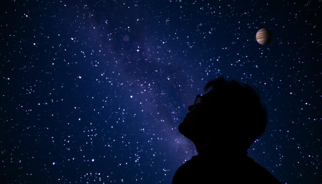 Person looking thoughtfully at night sky full of stars, symbolizing connection to astrology
