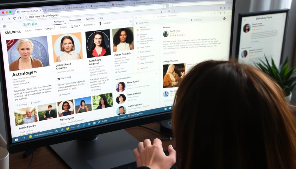Person researching qualified astrologers online, comparing credentials and reviews