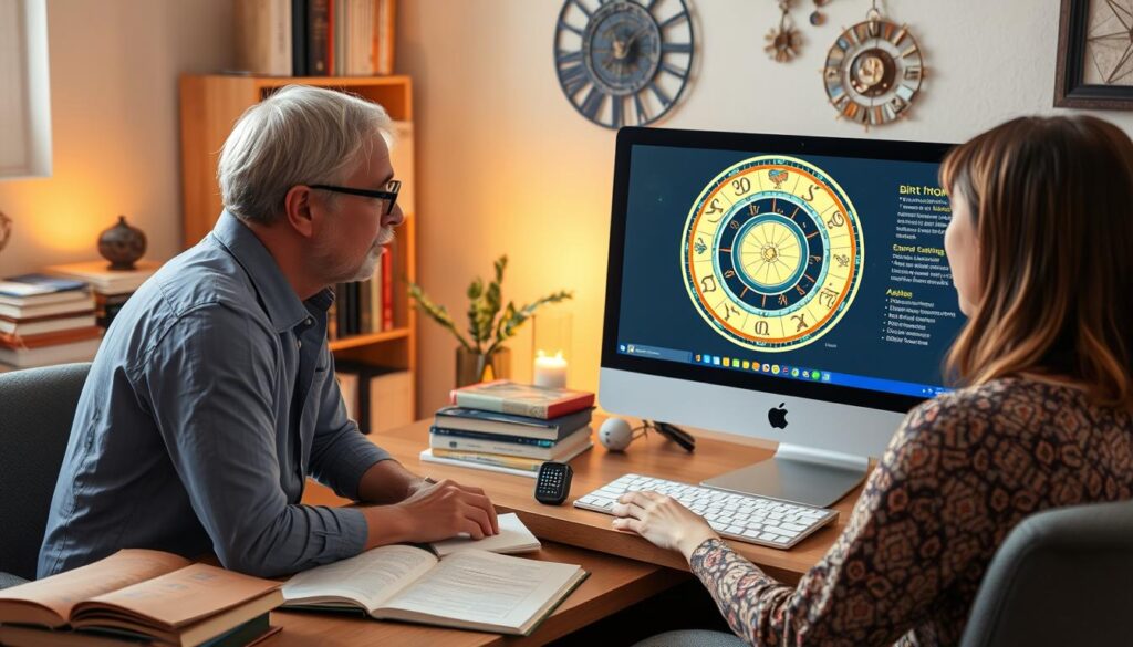 Professional astrologer explaining a birth chart to a client during an astrology reading session