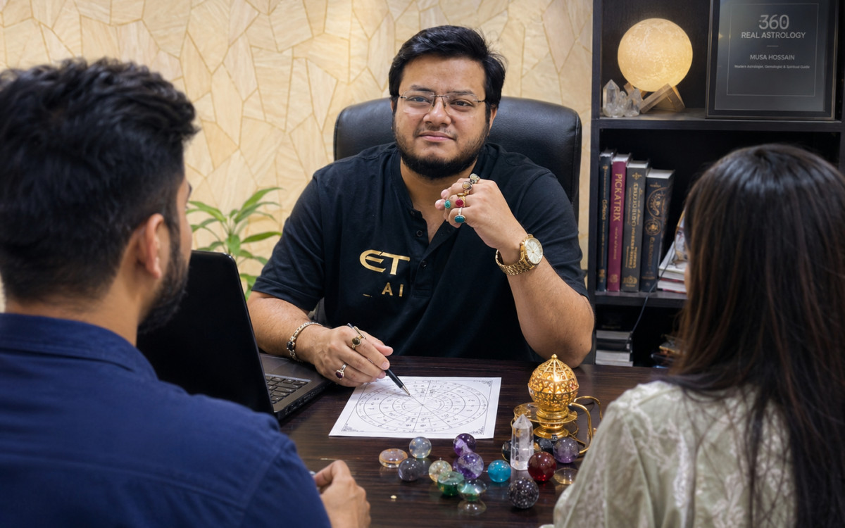 Astrologer Musa Hossain at his chamber in Malibag Mour, Dhaka